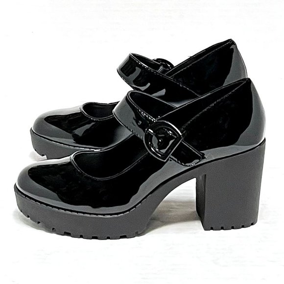 New Black Patent Mary Jane Platform Chunky Heel Pumps - Picture 3 of 5
